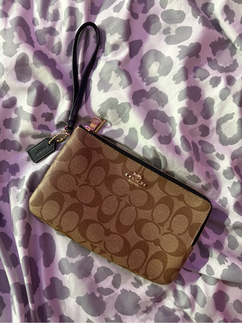 Coach Brown Signature Wristlet with Black Strap